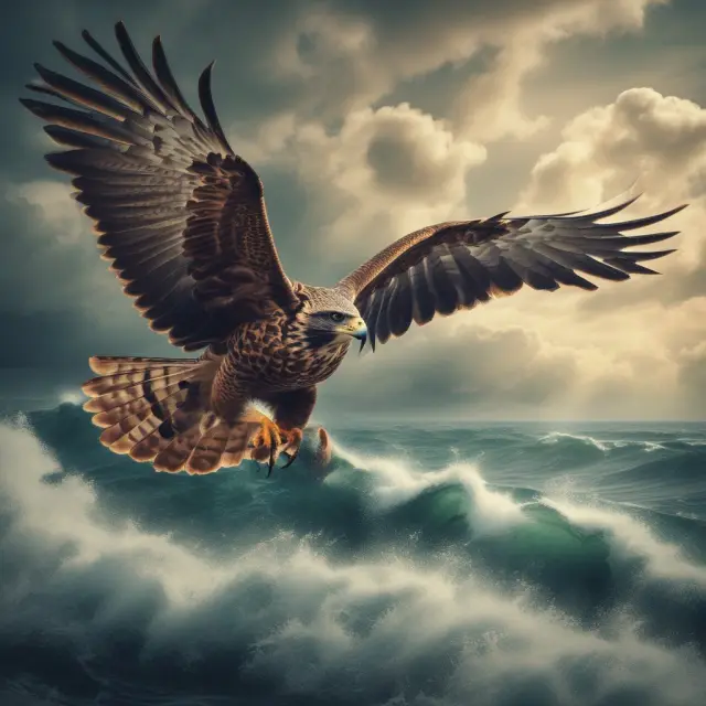 A falcon soaring through the sky above a tumultuous ocean of stock charts signifies effective delta hedging and basis risk management