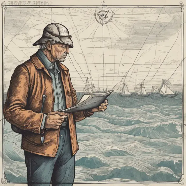 An investor standing on a boat amidst rough waves, using a map and compass to navigate towards effective basis risk management strategies