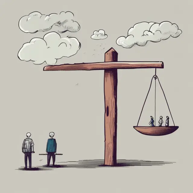 An investor standing on a see-saw represents the importance of managing basis risk to maintain portfolio balance, with one side symbolizing gains and the other illustrating potential losses.