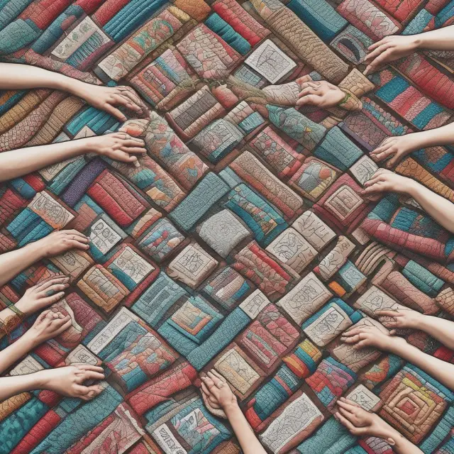 A group of hands meticulously crafting a dynamic tapestry from various consumer goods while changing price tags reflect CPI