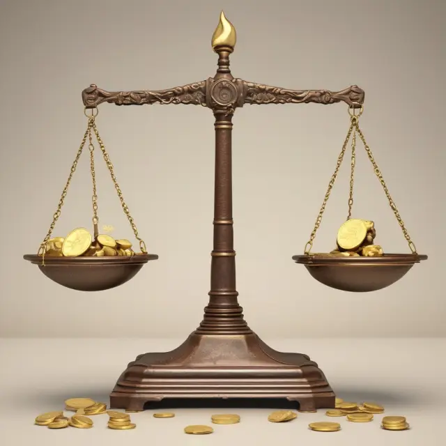 An ancient scale depicts gold coins and fuel droplets balanced precariously. Energy prices