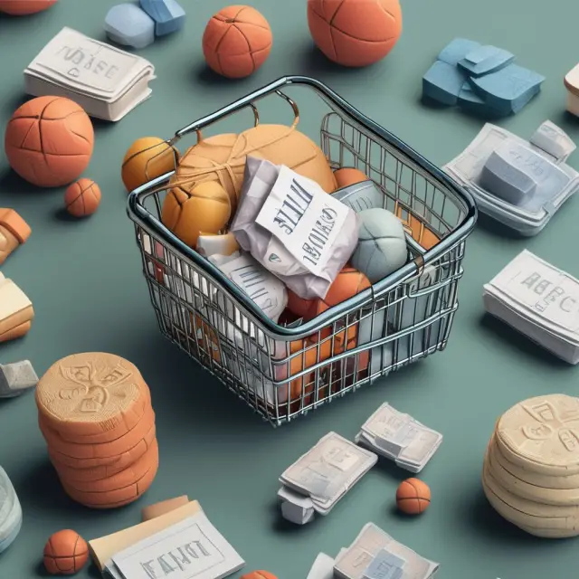 A consumer basket, filled with various goods and services, floats on a sea of price data. Each item is weighted differently based on its importance to overall consumer spending.