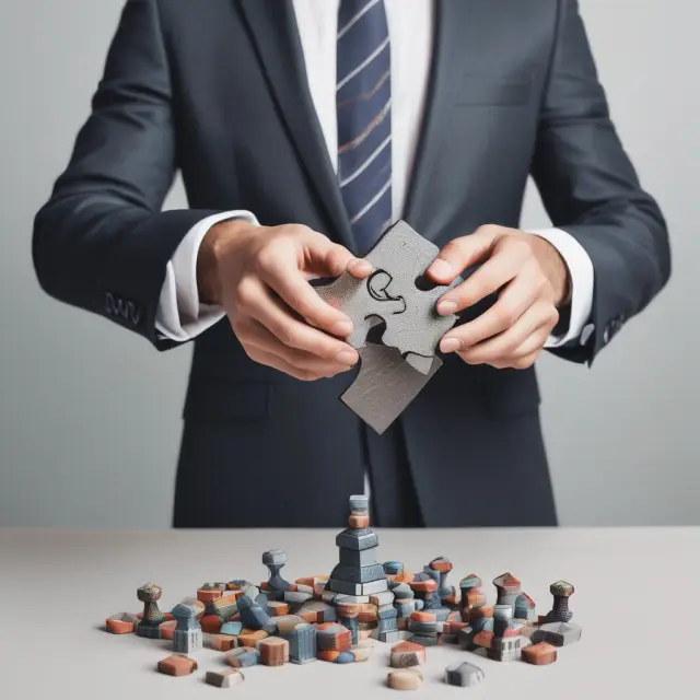 An institutional investor holding a custom puzzle consisting of interconnected pieces symbolizing basket trades and effective portfolio management