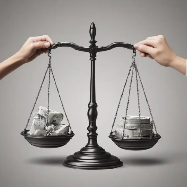 Two hands, one holding the scales with an index fund symbol and the other grasping a basket of securities