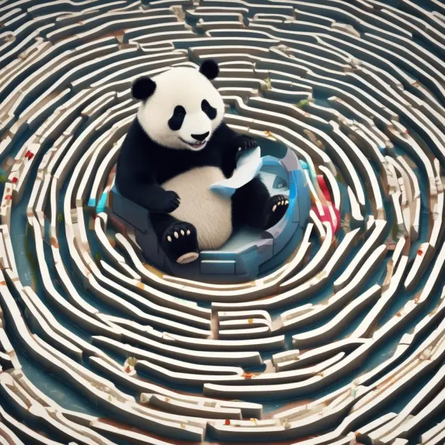 A giant panda strategically maneuvers through a labyrinth of search engine logos, representing Baidu