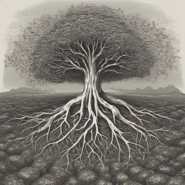 A field of roots representing batch processing, with sunflowers signifying cost savings and trees depicting efficiency