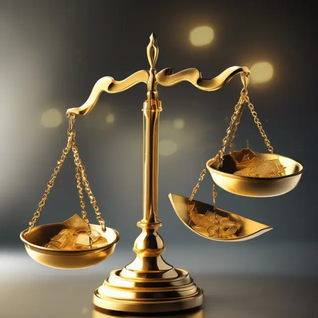 A pair of golden scales weighs and consolidates financial data from various sources for batch processing