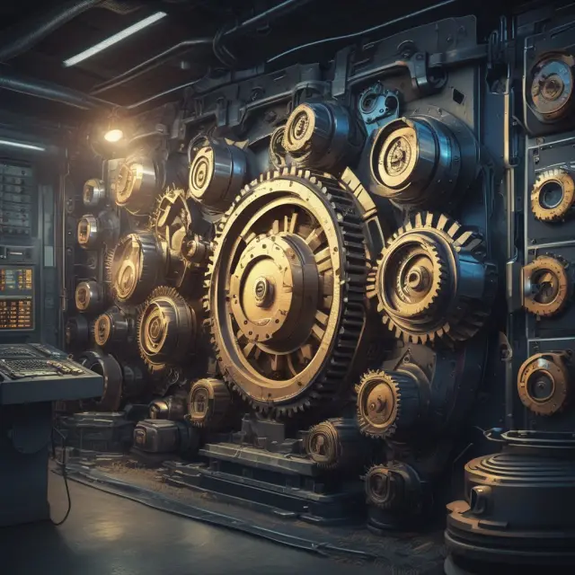 An image depicting a well-oiled set of gears symbolizing the efficient execution of batch processing tasks within a financial control room