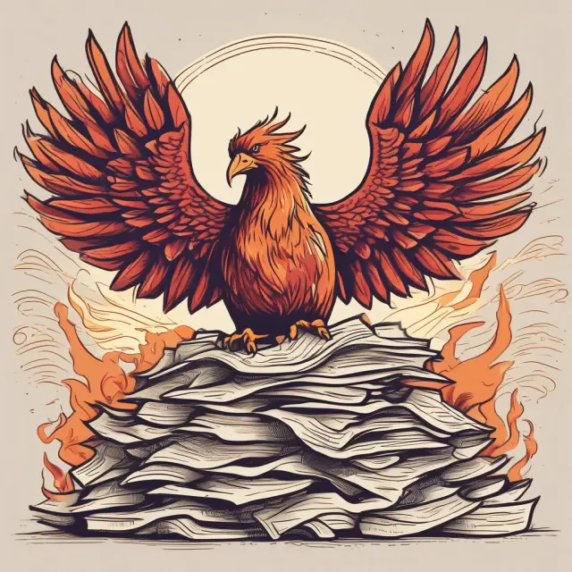 A mythical phoenix arises from a pile of papers representing old debts and credit reports, symbolizing the transformation toward improved Pinnacle score.