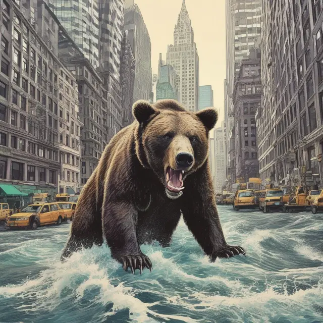 Bear Stearns amidst perilous waters, surrounded by mortgage-backed securities during the housing bubble crisis
