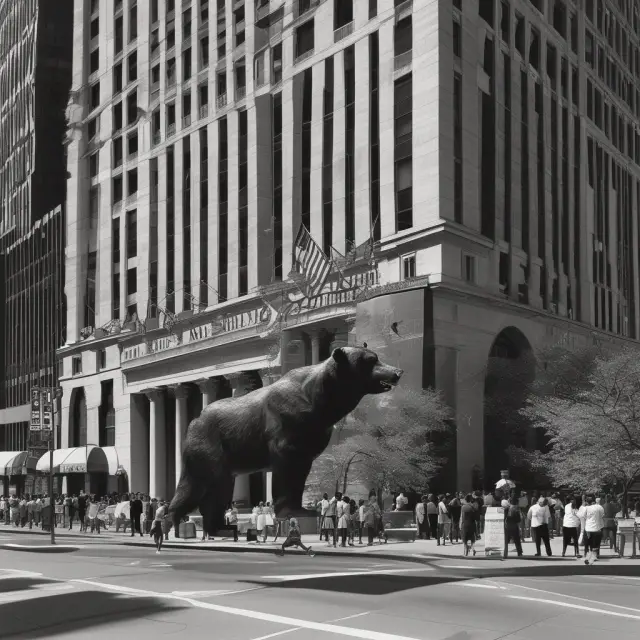 A towering Bear Stearns statue crumbling into a sea of financial papers, illustrating the downfall of this once prominent Wall Street investment bank.