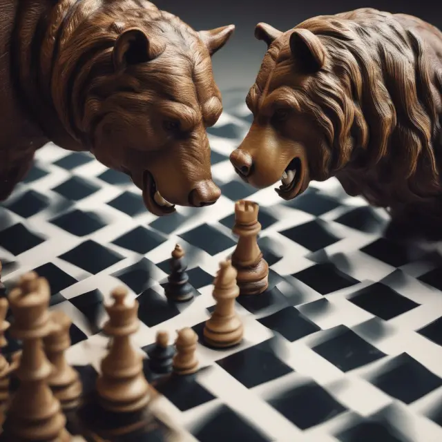 Two animals representing bulls and bears engaging in a chess game with call options illustrating bear call spread strategies