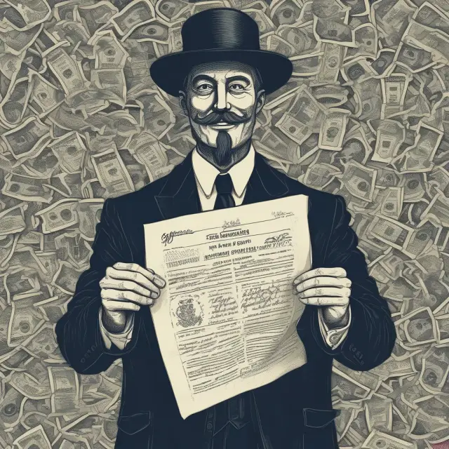 A mysterious individual clutches a stolen bearer bond certificate surrounded by churning money, reflecting the lure and dangers of unregistered financial instruments.