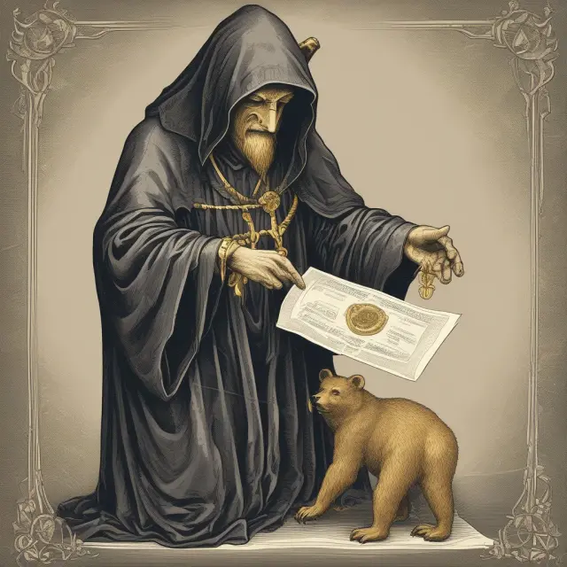 Bearer shareholder exchanges golden certificate with bear, representing anonymous transfer of ownership.