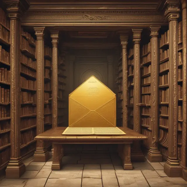 A hidden envelope with golden bearer share certificates in a library setting, emphasizing financial confidentiality
