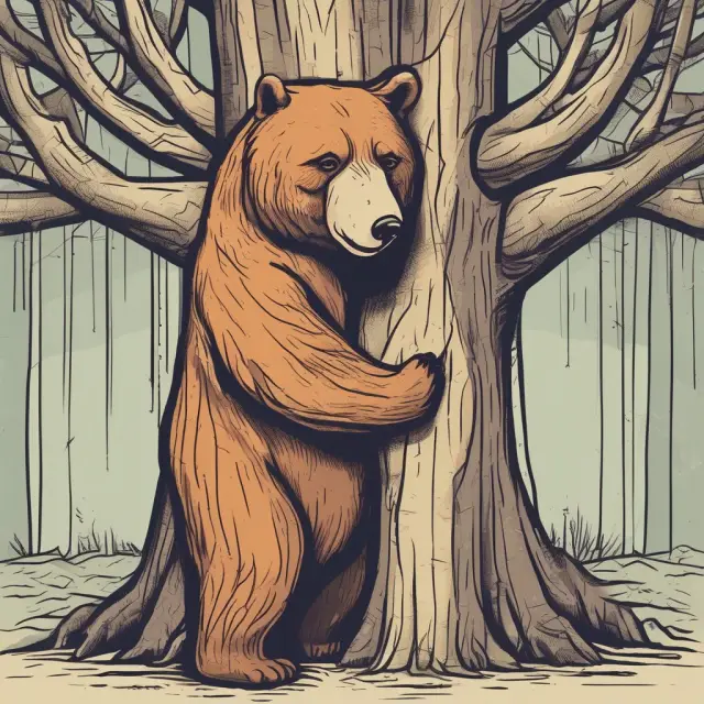 A brown bear tenderly holds a corporate tree, representing the concept of a bear hug offer