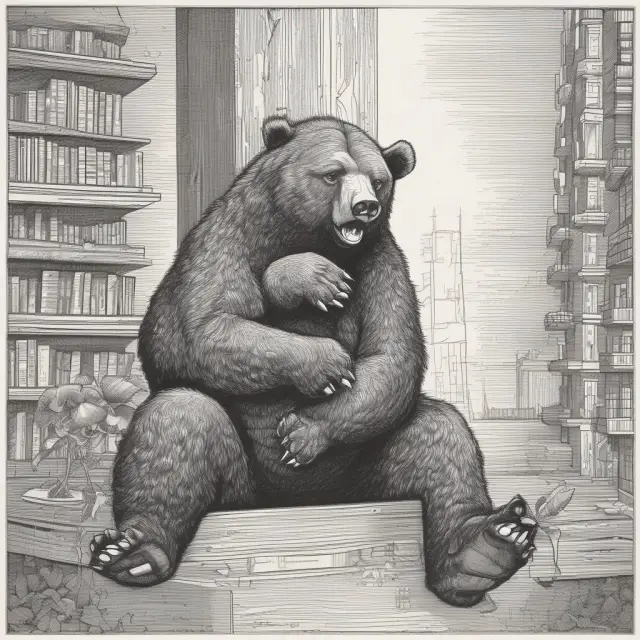 A grizzly bear tenderly holding onto undervalued corporate stocks in historical M&A context