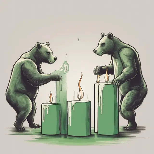 Bear and bull depicting a bearish engulfing pattern with a larger down candle swallowing the preceding green one, illustrating a potential market reversal.