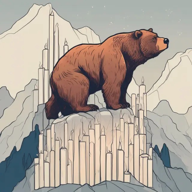A bear standing triumphantly atop a mountain of bullish candlesticks, symbolizing the bearish engulfing pattern and potential price reversal