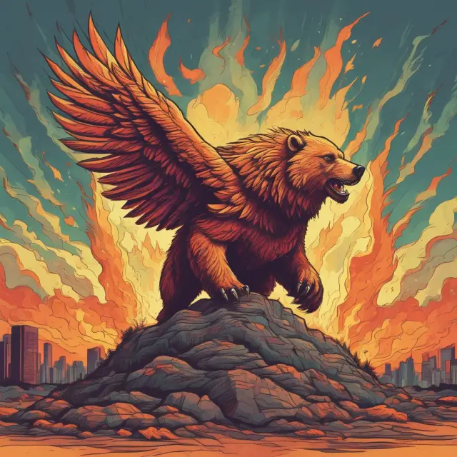 A bear market scene with a phoenix emerging from the stock charts