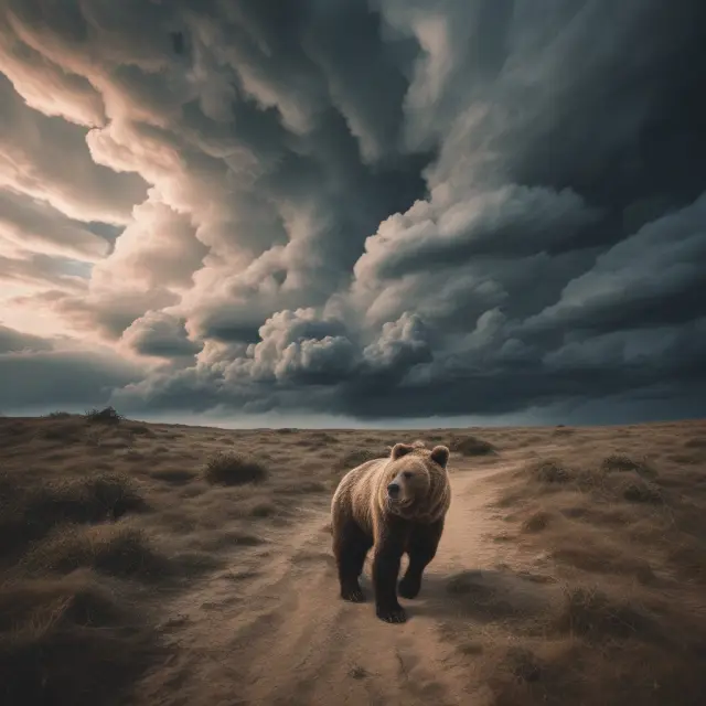 Image of storm clouds gathering above a cityscape, symbolizing the causes of bear markets: economic factors, psychological influences, and external events