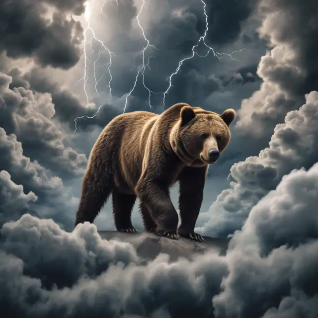 A stormy sky with bear market warning signs, including declining GDP growth rates and a rising VIX index.