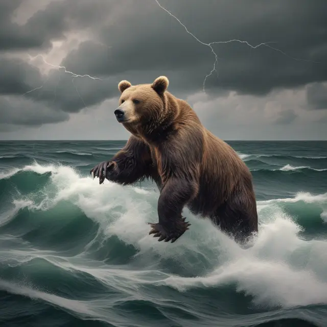 Professional investors employing short selling, puts, and inverse ETFs during a bear market, illustrated by a dynamic scene of balancing on an ocean with stock prices in disarray