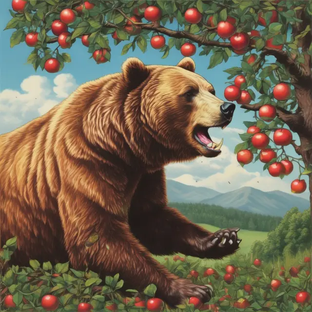 Bear eating from an apple tree adorned with declining stocks, representing companies affected by bear markets
