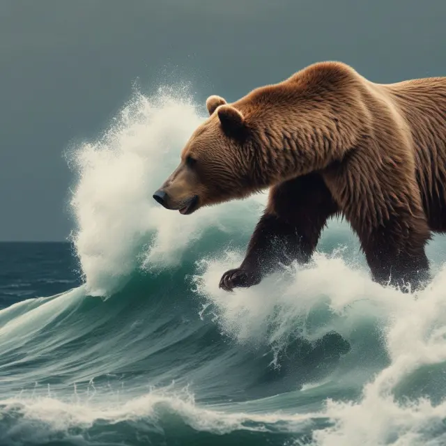 An investor braves bear market waves, symbolizing emotional challenges during prolonged price declines.