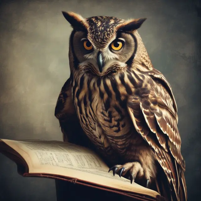 An image of a wise owl studying historical bear market data with a parchment scroll, symbolizing learning from market downturns and gaining valuable insights
