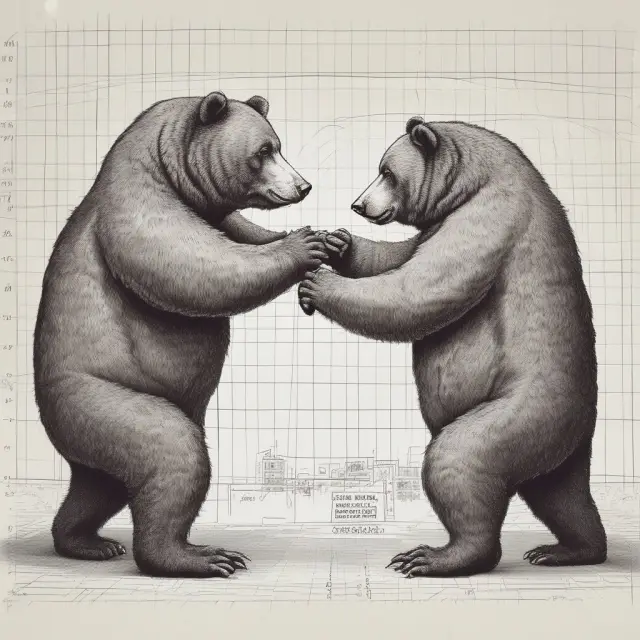 Two hands symbolically representing a bear put spread strategy in options trading. Hands balance potential losses (left) with profits (right)