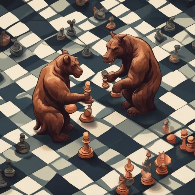 Bull character plays long put option, while bear character sells short put option on a checkered board