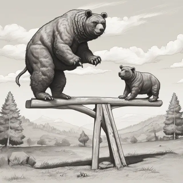 Two figures representing Bull and Bear on a seesaw, illustrating Short Selling and Bear Put Spread strategies for capitalizing on market declines.