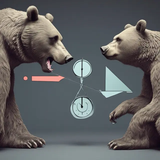 A pair of balances with one scale tipped downward and the other upward illustrates a bear put spread strategy, where profits are made when underlying asset declines.