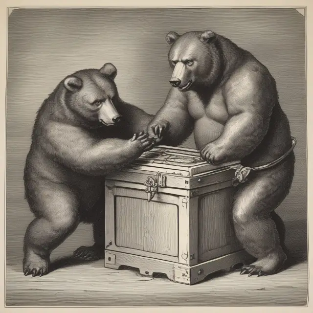 A bear and bull struggle over a treasure chest, symbolizing the risks of implementing bear spread strategies, where potential gains are capped.