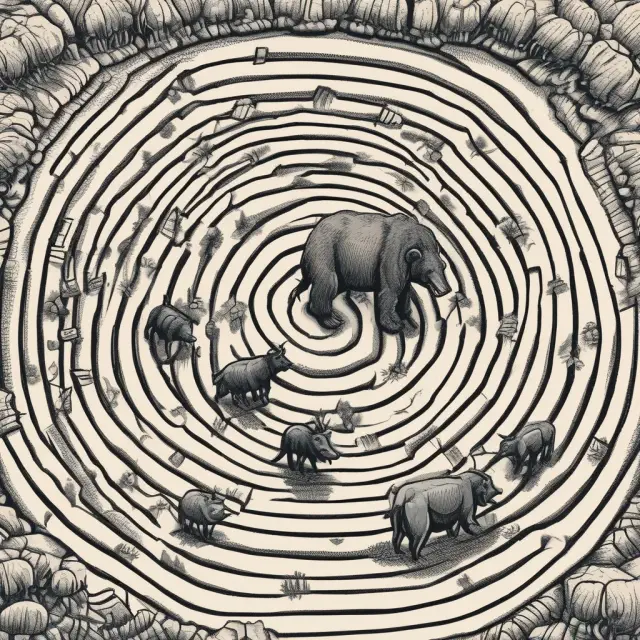 Bear and Bull navigating a maze symbolizing the stock market, with bear traps and bull traps lying in wait.