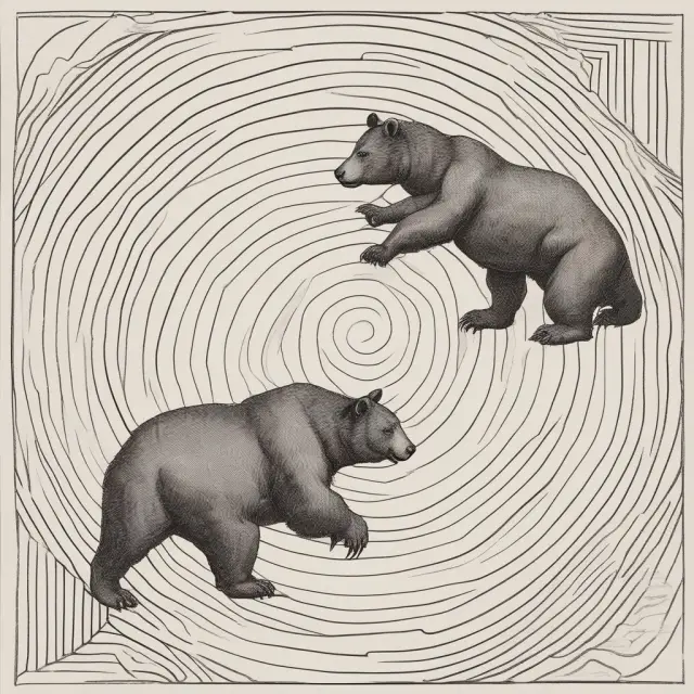 A bear and bull engage in a dance around a Fibonacci spiral, symbolizing potential bear traps within an uptrend