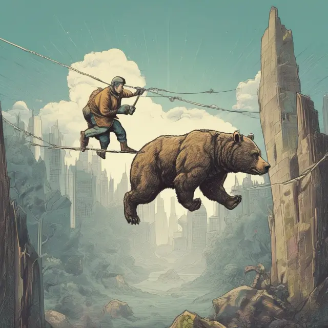 Trader skillfully navigating bear traps on a stock chart, with bullish and bearish forces represented by the tightrope and opposing winds.