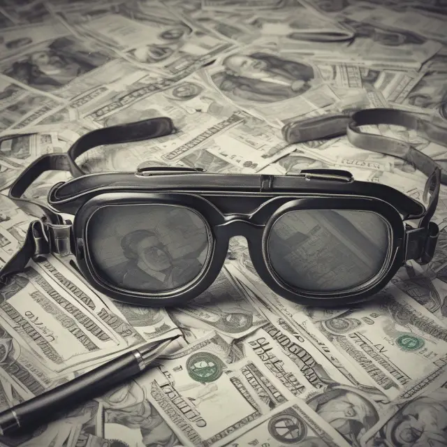 A financial market scene where investors don goggles tinted by availability, anchoring, and confirmation biases, distorting their perspective of the market