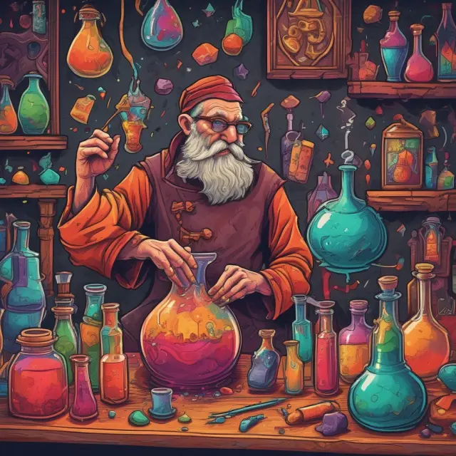 An alchemist brewing a colorful potion representing marketing strategies influenced by behavioral economics principles: framing, heuristics, and loss aversion.