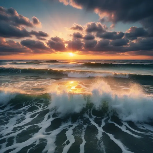 A tranquil sea with waves shaped by herd mentality, loss aversion, and overconfidence biases, representing the impact of behavioral finance on stock markets