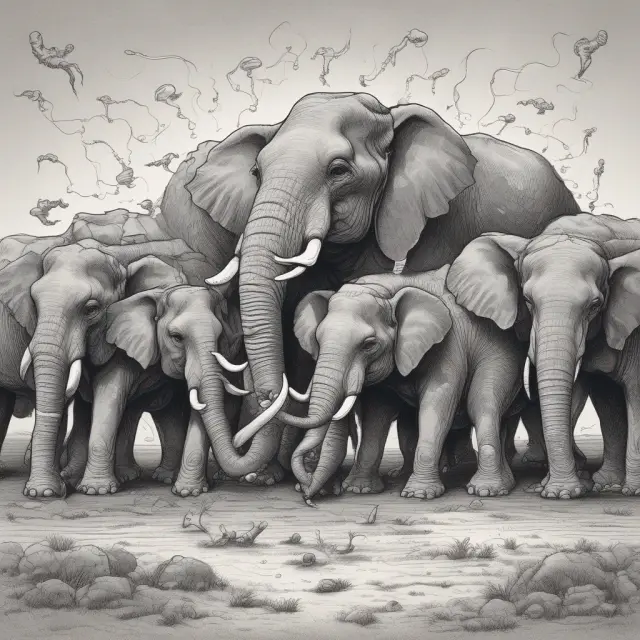 An elephant herd symbolizing institutional investors wrestling with cognitive biases: Herding Instinct, Anchoring Effect, Confirmation Bias, Loss Aversion, and Overconfidence.