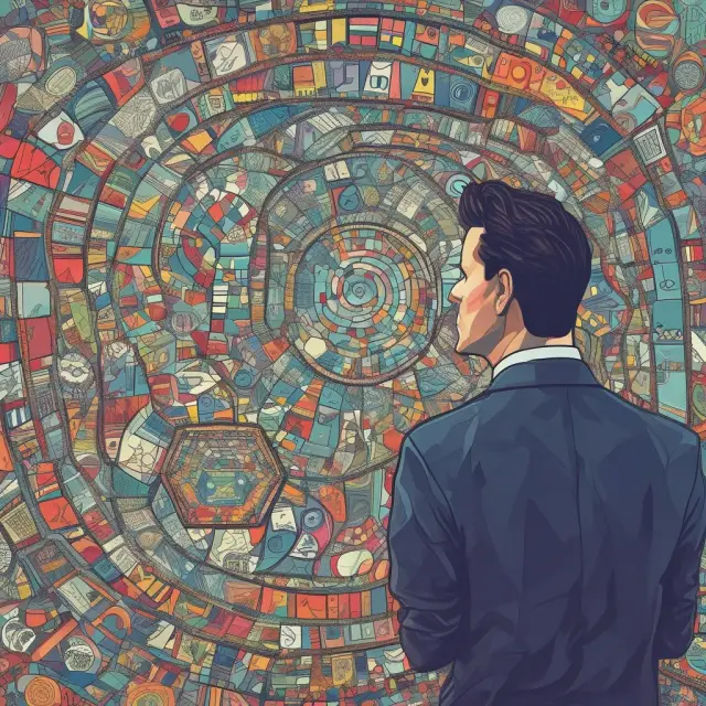 An investor navigating behavioral finance in portfolio management, surrounded by interconnected mosaics representing various investment choices and biases