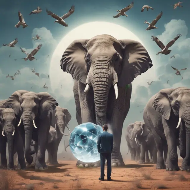 An image of institutional investors represented as elephants in a herd following market trends, while an eagle observer holds a crystal ball, symbolizing emotional biases.