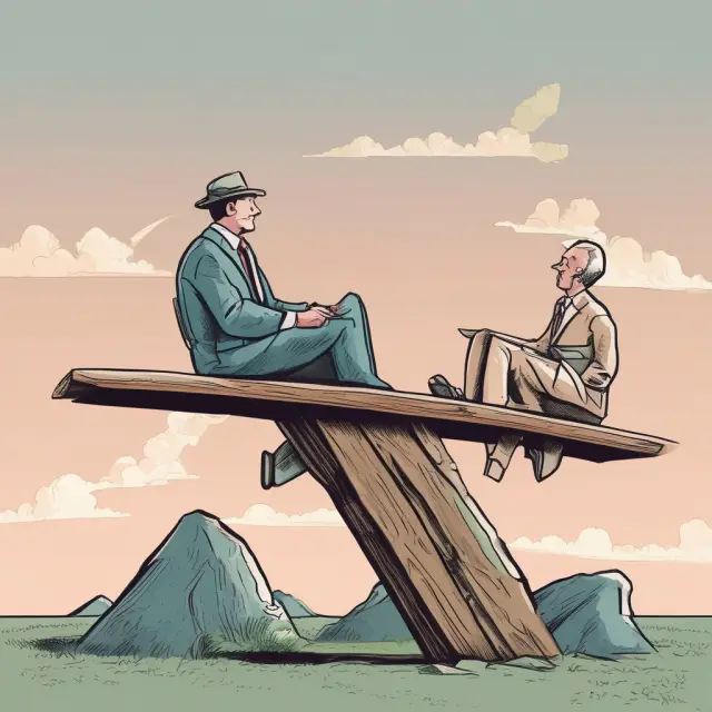 A seesaw representing financial markets with behavioral biases influencing investor decisions and swaying stock prices, risk premiums, and stock valuations