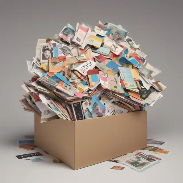 An image of a beautifully decorated wooden box filled with open catalogs and postcard mailers, representing the endless possibilities of effective catalog marketing strategies