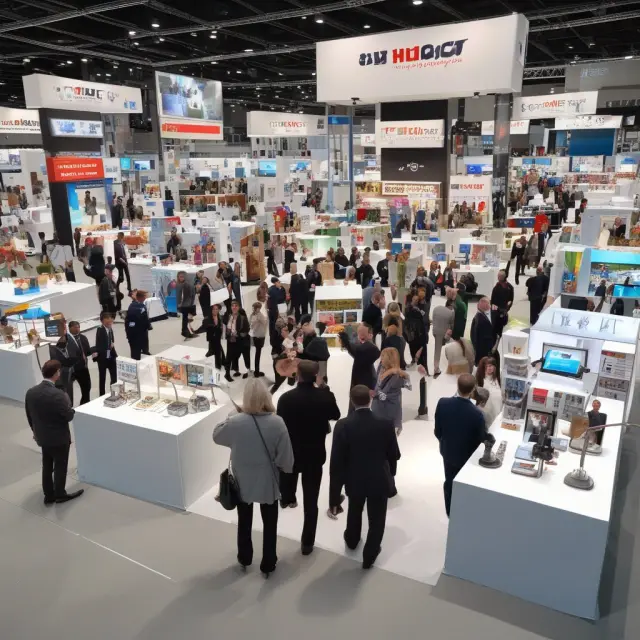 A bustling trade show floor with businesses engaging attendees and showcasing products.