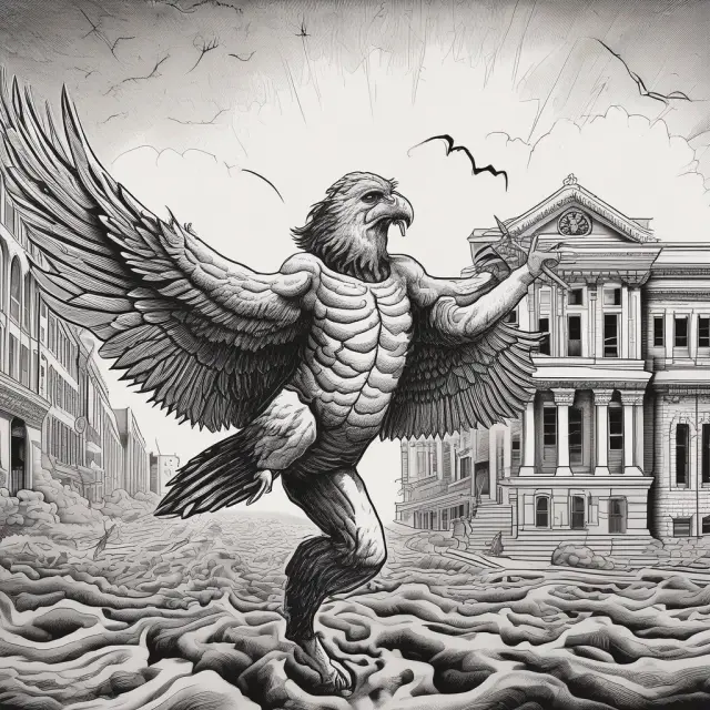 Bernanke as a phoenix, resurrecting the economy with his low-interest rate policy, surrounded by flames of change and new growth