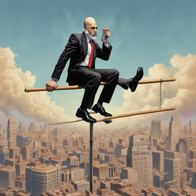 Bernanke on a seesaw, balancing government intervention (left side) with economic risks (right side), amidst a stormy financial crisis backdrop.