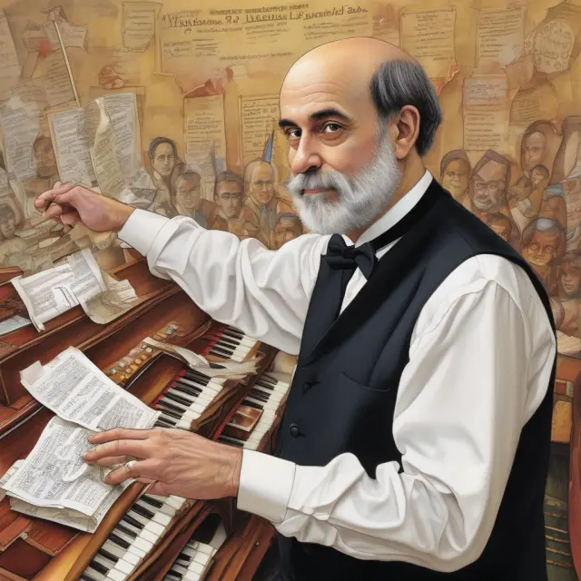 Ben Bernanke conducting an orchestra of monetary policy elements such as interest rates, quantitative easing, and inflation.